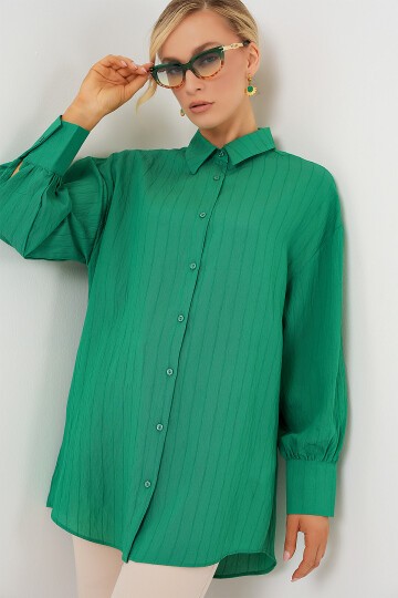 Merterium Kadın Çizgili Uzun Gömlek Tunik 5963 - Yeşil