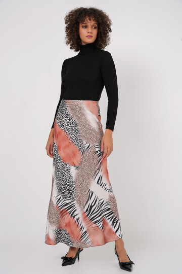 Merterium Kadın Desenli Saten Etek 15877 - Turuncu