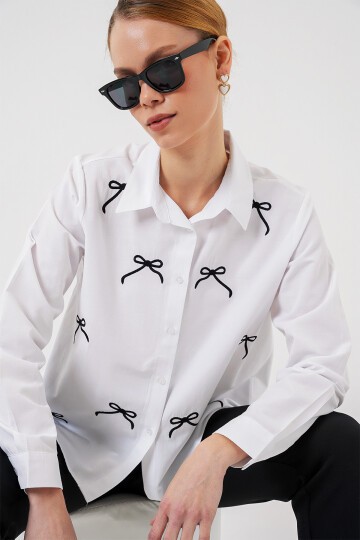 Merterium Kadın Fiyonk Detay Gömlek 20311 - Beyaz