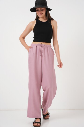 Merterium Kadın Geniş Paça Keten Pantolon 6735 - Gül Kurusu