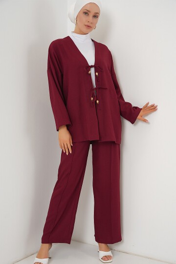 Merterium Kadın Keten Kimono İkili Takım 6727 - Bordo