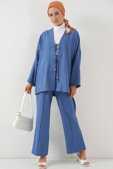 Merterium Kadın Keten Kimono İkili Takım 6727 - İndigo