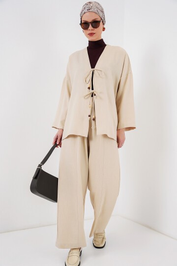 Merterium Kadın Keten Kimono İkili Takım 6727 - Krem
