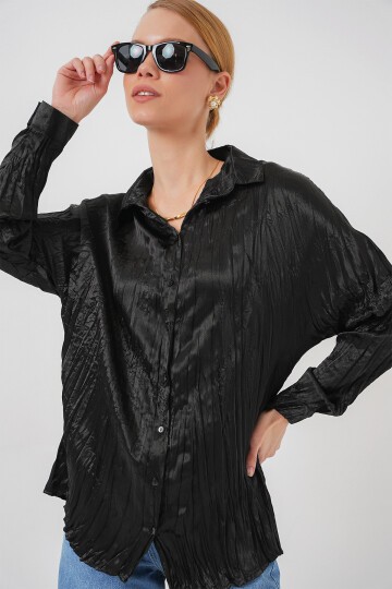 Merterium Kadın Kırışık Saten Gömlek 20316 - Siyah