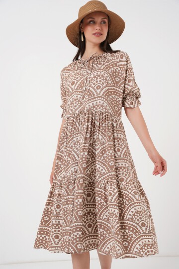 Merterium Kadın Kısa Kol Desenli Elbise 2553 - Bej