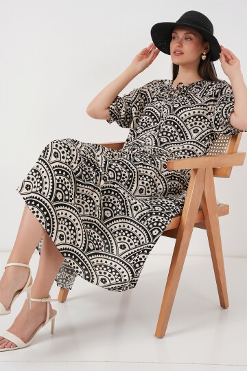 Merterium Kadın Kısa Kol Desenli Elbise 2553 - Siyah