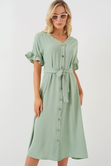 Merterium Kadın Kısa Kol Düğmeli Elbise 2555 - Mint