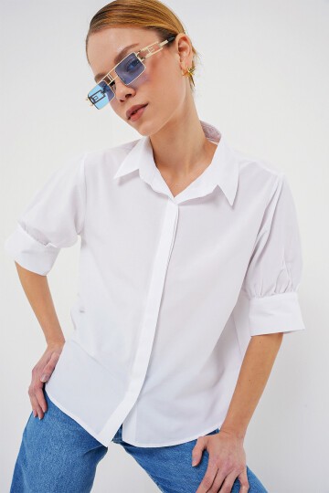 Merterium Kadın Kısa Kol Gömlek 20312 - Beyaz