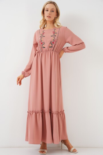 Merterium Kadın Nakışlı Uzun Tesettür Elbise 2550 - Pudra