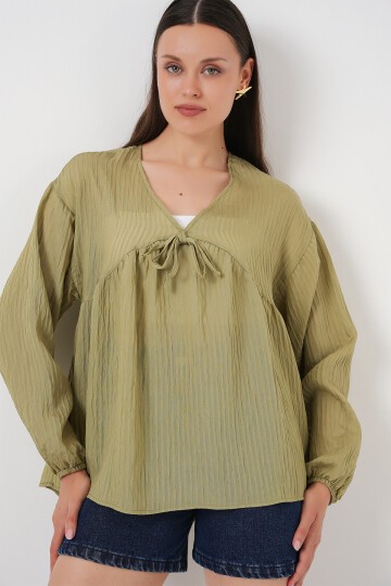 Merterium Kadın Önü Bağcıklı Uzun Kol Bluz 946 - Çağla