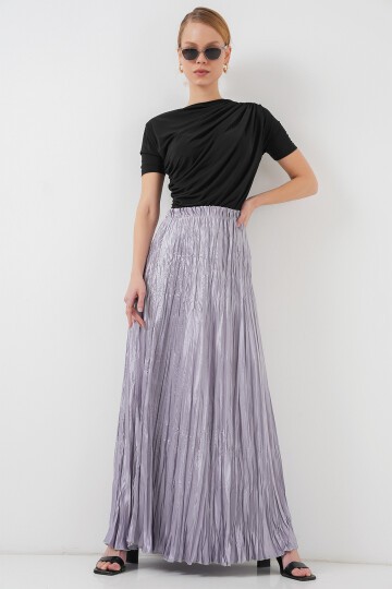 Merterium Kadın Uzun Kırışık Parlak Etek 8034 - Gri