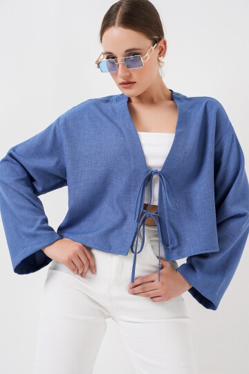 Merterium Önü Bağlamalı Keten Kimono 960 - İndigo
