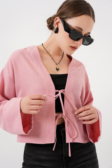 Merterium Önü Bağlamalı Keten Kimono 960 - Pudra
