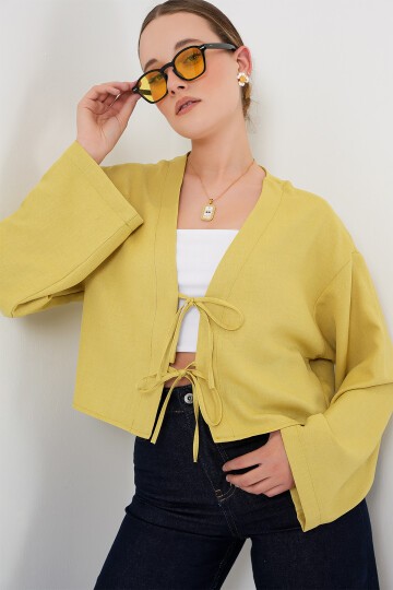 Merterium Önü Bağlamalı Keten Kimono 960 - Yağ Yeşil