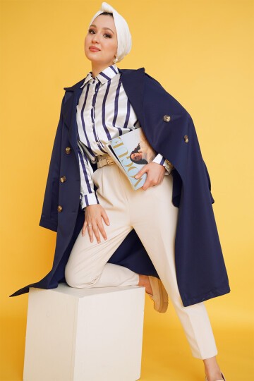 Merterium T5853 Kruvaze Yaka Tesettür Trençkot - Lacivert