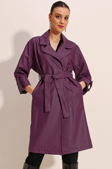 Merterium 1034 Kuşaklı Suni Deri Trençkot - Mürdüm