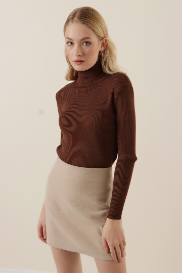 Merterium 15796 Balıkçı Yaka Fitilli Kazak - Kahverengi