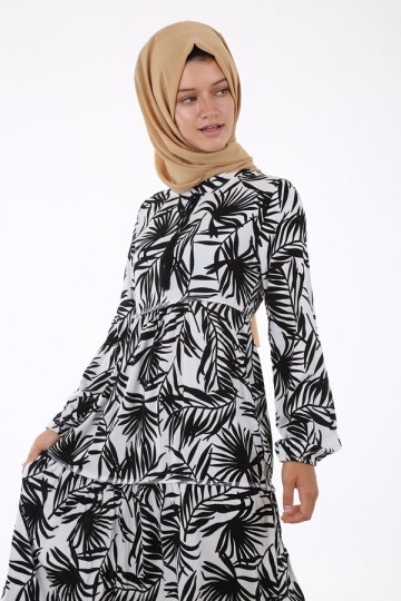 1627 Yaka Bağcıklı Tesettür Elbise - Beyaz