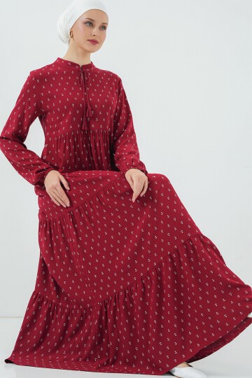 1627 Yaka Bağcıklı Tesettür Elbise - Bordo