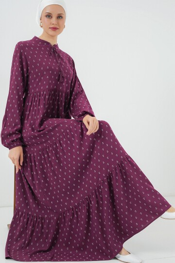 Merterium 1627 Yaka Bağcıklı Tesettür Elbise - Çapa Mor