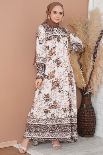 1947 Desenli Uzun Elbise - Kahverengi