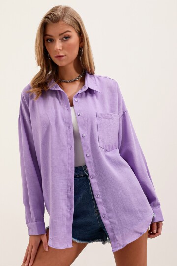 Merterium 20153 Tek Cepli Oversize Keten Gömlek - Lila