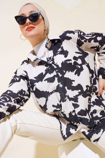 Merterium 20179 Desenli Uzun Oversize Gömlek - Ekru