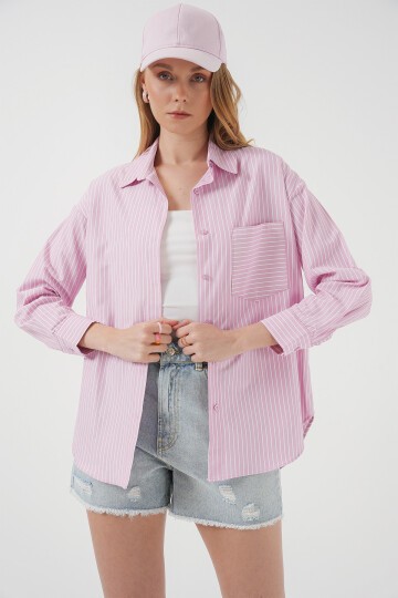 Merterium 20205 Çizgili Oversize Gömlek - Pudra