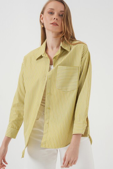 Merterium 20205 Çizgili Oversize Gömlek - Yağ Yeşil