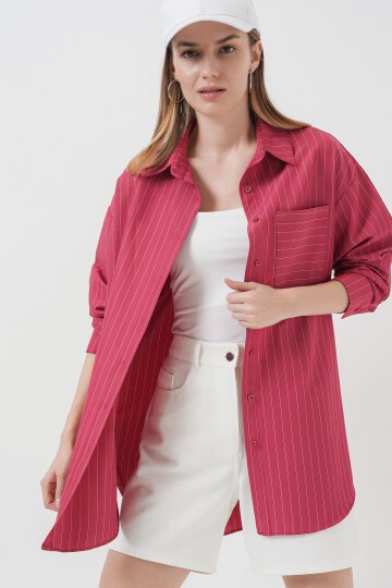 Merterium 20217 Cep Detaylı Çizgili Oversize Gömlek - Kırmızı
