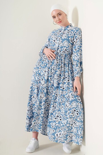 Merterium 2144 Hakim Yaka Tesettür Elbise - Mavi