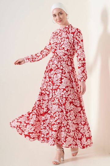 Merterium 2144 Hakim Yaka Tesettür Elbise - Nar