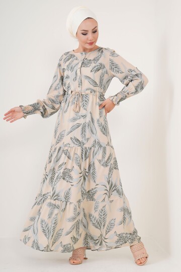 Merterium 2145 Desenli Tesettür Elbise - Bej