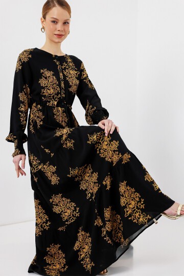 Merterium 2145 Desenli Tesettür Elbise - C.Siyah