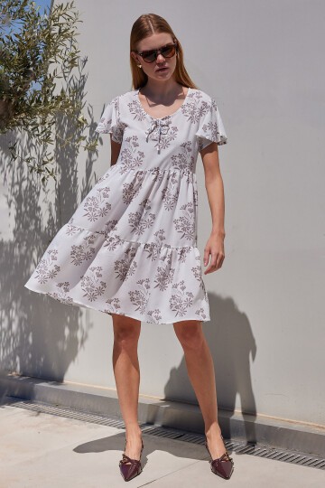 Merterium 2352 V Yaka Kısa Elbise - B.Kahverengi