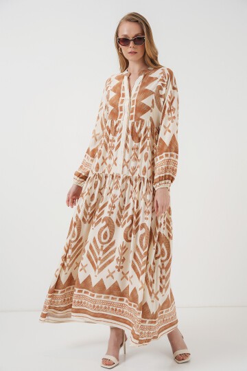 Merterium 2423 Otantik Desenli Tesettür Elbise - B. Hardal