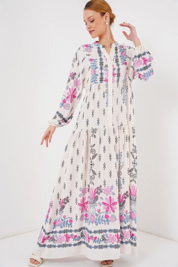 Merterium 2423 Otantik Desenli Tesettür Elbise - C. Pembe