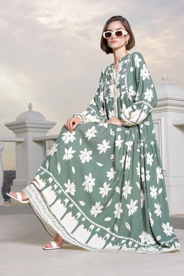 Merterium 2423 Otantik Desenli Tesettür Elbise - Çağla