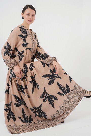 Merterium 2423 Otantik Desenli Tesettür Elbise - D.Vizon