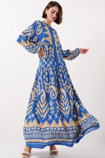 Merterium 2423 Otantik Desenli Tesettür Elbise - F.Mavi