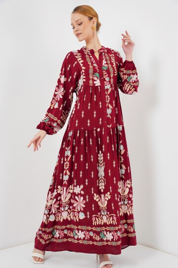 Merterium 2423 Otantik Desenli Tesettür Elbise - H. Bordo