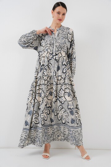 Merterium 2423 Otantik Desenli Tesettür Elbise - K. Antrasit