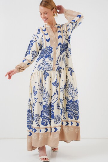 Merterium 2423 Otantik Desenli Tesettür Elbise - Lacivert 8