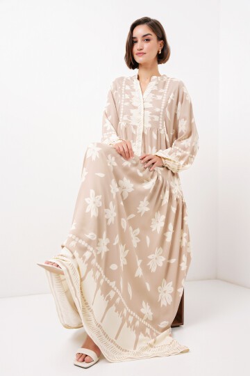 Merterium 2423 Otantik Desenli Tesettür Elbise - Vizon