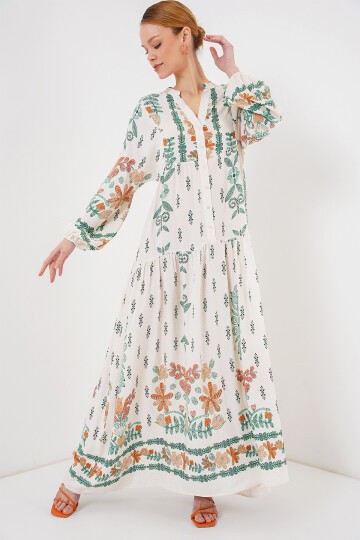 Merterium 2423 Otantik Desenli Tesettür Elbise - Yeşil 10