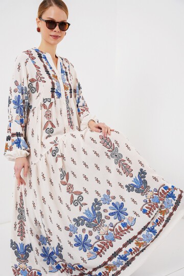 Merterium 2423 Otantik Desenli Tesettür Elbise - Z. Mavi