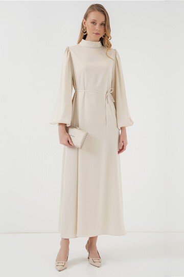 Merterium 2510 Saten Tesettür Abiye Elbise - Ekru