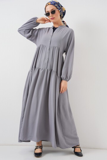 2527 Kadın Uzun Tesettür Elbise - Gri