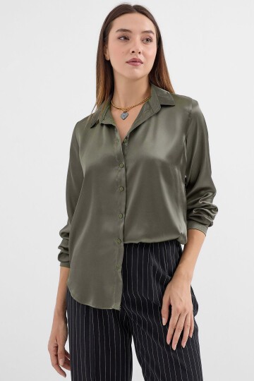 Merterium 3964 Hafif Dökümlü Saten Gömlek - Haki