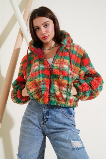 Merterium 5193 Kapüşonlu Peluş Crop Ceket - Çok Renkli